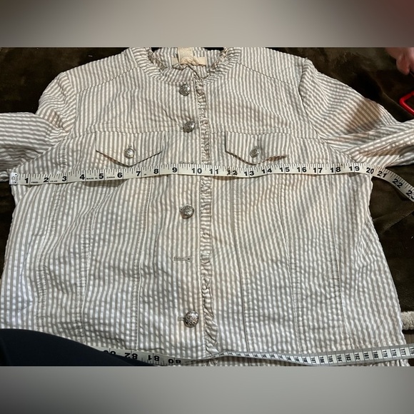Sandro Tan and White Striped cropped button Jacket size Large - Picture 7 of 8
